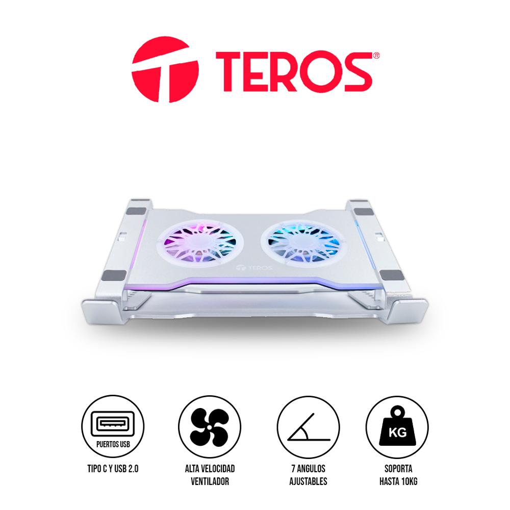 Cooler Notebook TEROS TE-7135N RGB Aluminio Ajustable para Laptop 9 a 16 Pulgadas Plateado
