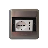 TOMA PARA PISO METALICA SCHUKO Y 3 EN LINEA BIPASO TAPA PLATA Y MODULOS BLANCOS SANDAY
