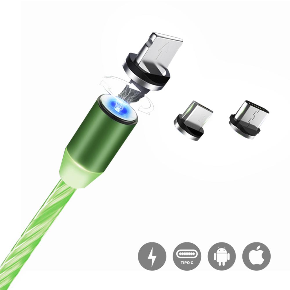 Cable Magnético ST LED Rotación 360° Carga Rápida 2A Tipo C Micro USB Lightning Verde