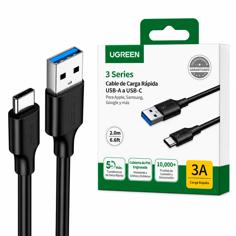 UGREEN US184 Cable USB-A a USB-C 2M Carga Rápida 3A 5Gbps