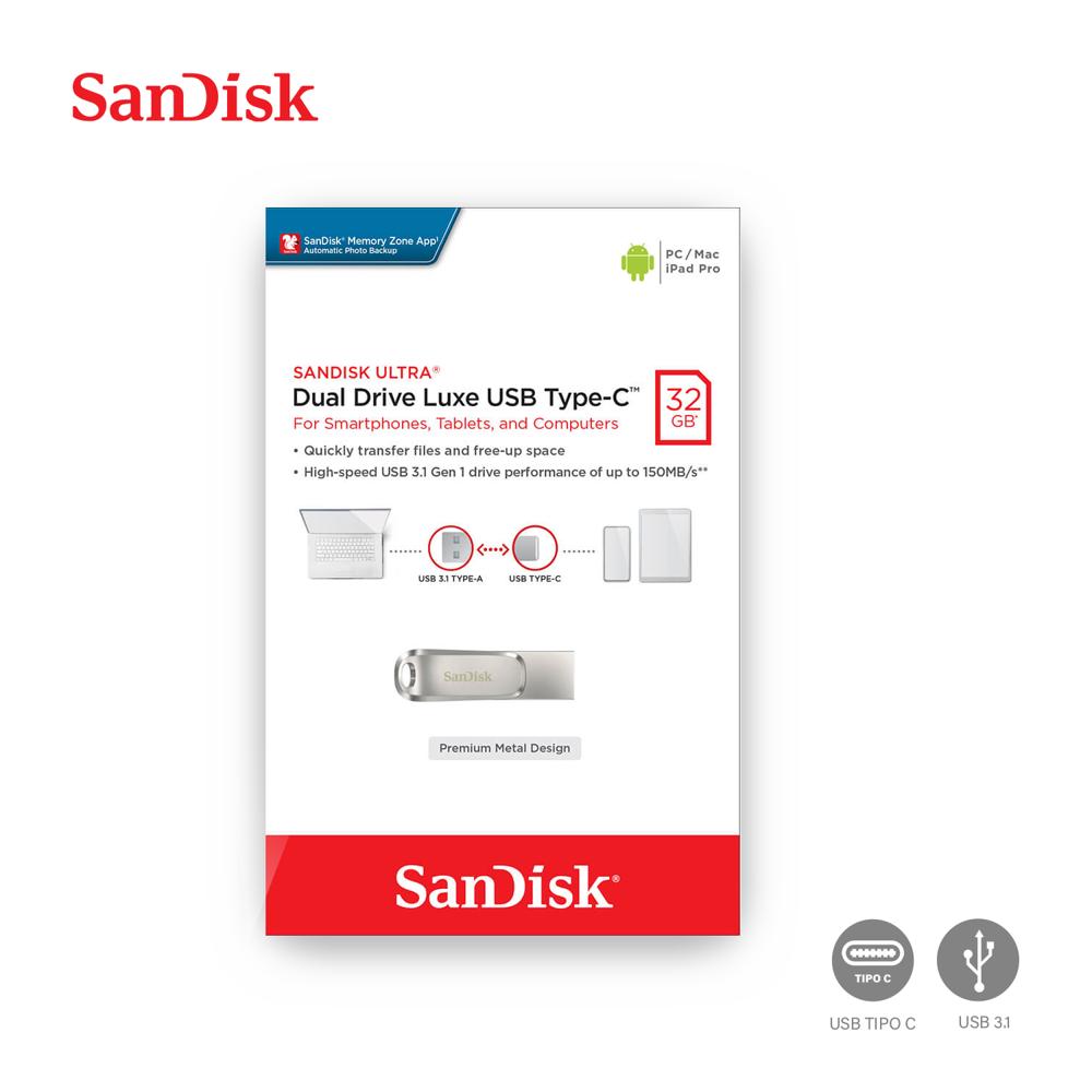 Memoria USB SanDisk Ultra Dual Drive Luxe 32GB USB 3.1 Tipo C y USB-A 150MB/s Metal