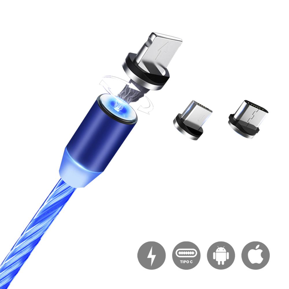 Cable Magnético ST LED Rotación 360° Carga Rápida 2A Tipo C Micro USB Lightning Azul