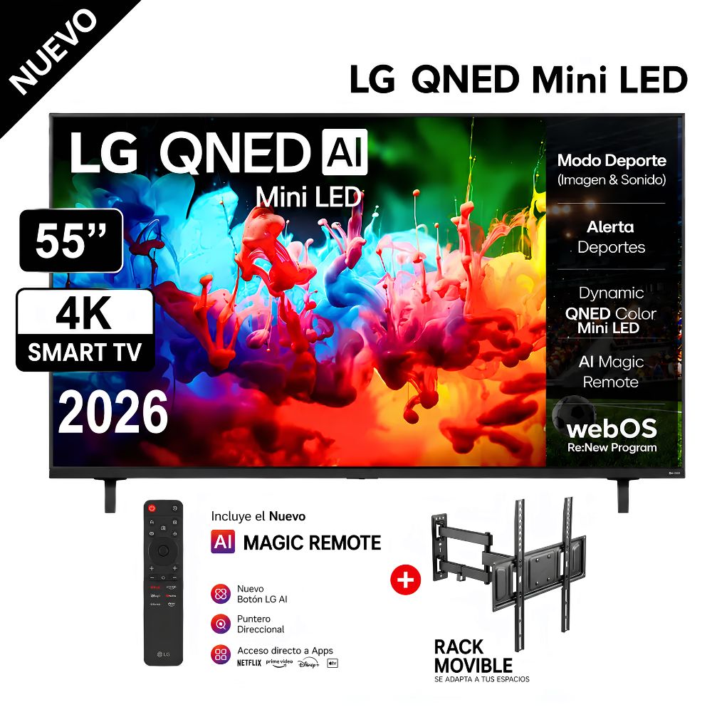 Televisor LG 55  MiniLED QNED 4K ThinQ AI 55QNED65BSA - 2026 - Rack Movible