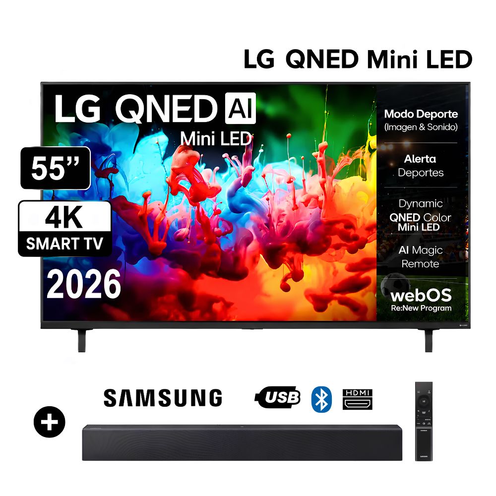 Televisor LG 55  MiniLED QNED 4K ThinQ AI 55QNED65BSA 2026 - Soundbar Samsung