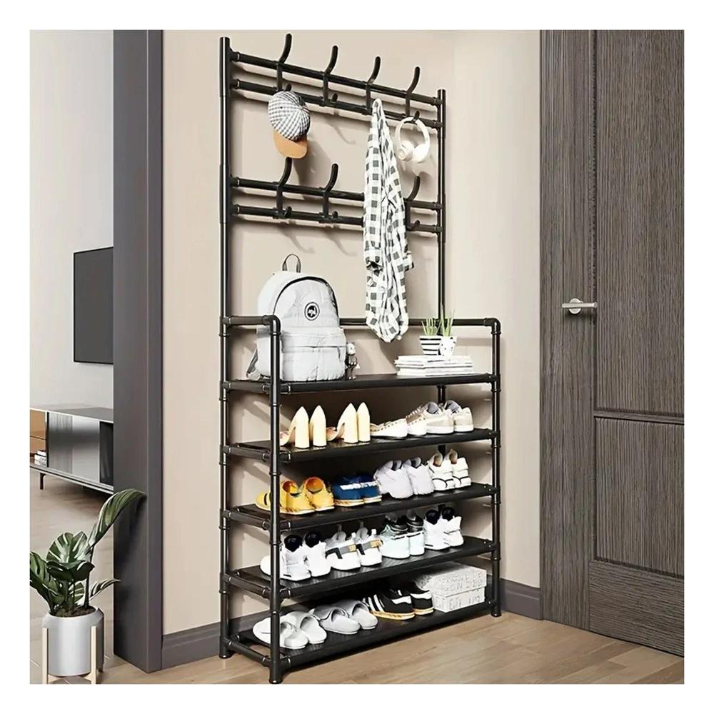 Zapatera organizadora con percheros recto color negro para hogar moderno