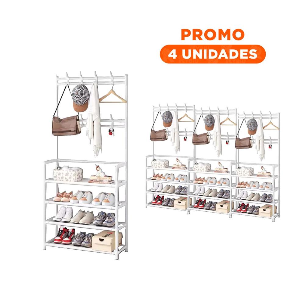 Pack4 Rack Zapatero Organizador con Percheros Recto Blanco para Orden en Casa