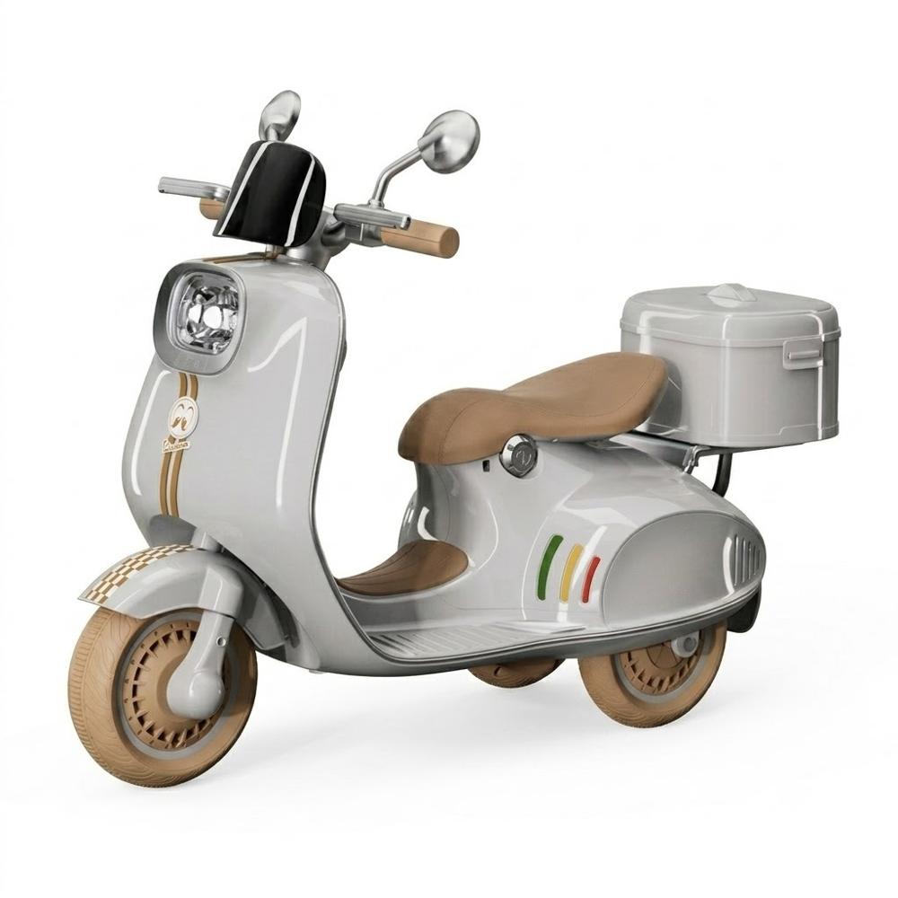 Scooter Moto Eléctrica Gris para Niños Estilo Vespa Primavera 6V  Doble Motor Luces LED y Música