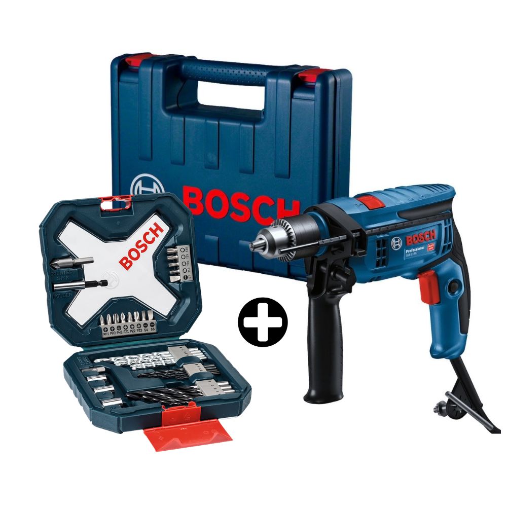 COMBO Bosch: Taladro Percutor GSB 13 RE 750W + Set de Brocas Xline 34 piezas para Madera, Concreto y Metal