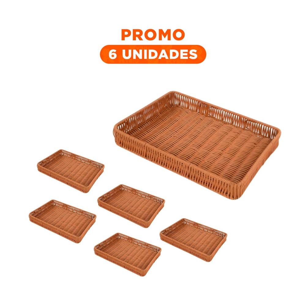 Pack6 Cesta Rectangular de Plastico Tejido 30x20x4cm de Facil Limpieza Y Regalo Sticker