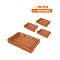 Pack4 Canasta Rectangular de Plastico Tejido 30x20x4cm de Color Neutro para Interiores