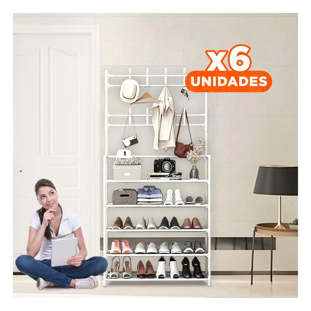 Pack6 Mueble Recto Zapatero con Percheros Blanco para Organizacion del Hogar