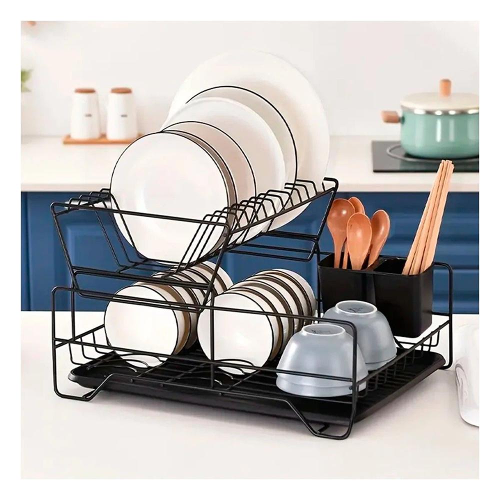 Escurridor Negro de 2 Niveles con Bandeja y Soporte para Utensilios Y Papel Regalo