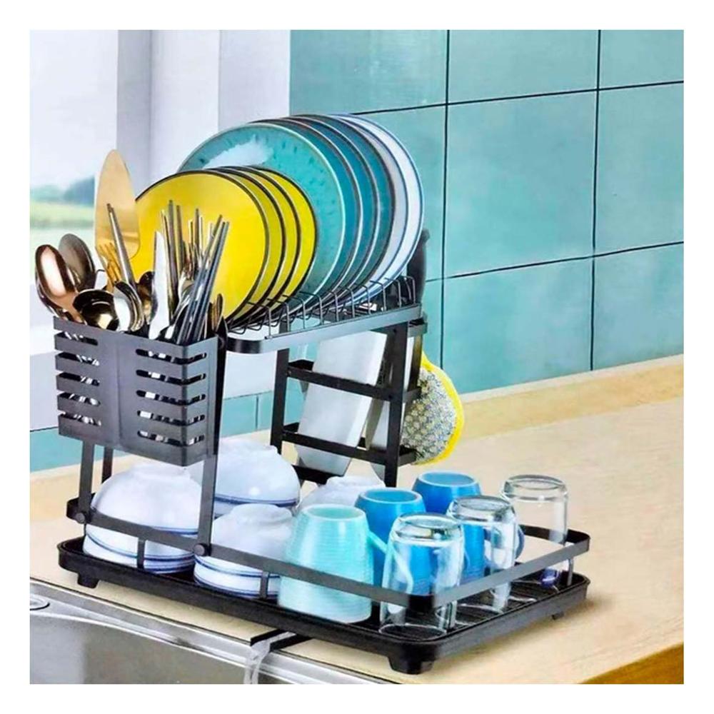 Escurridor de Platos de 3 Niveles con Sistema de Drenaje y Soporte Negro