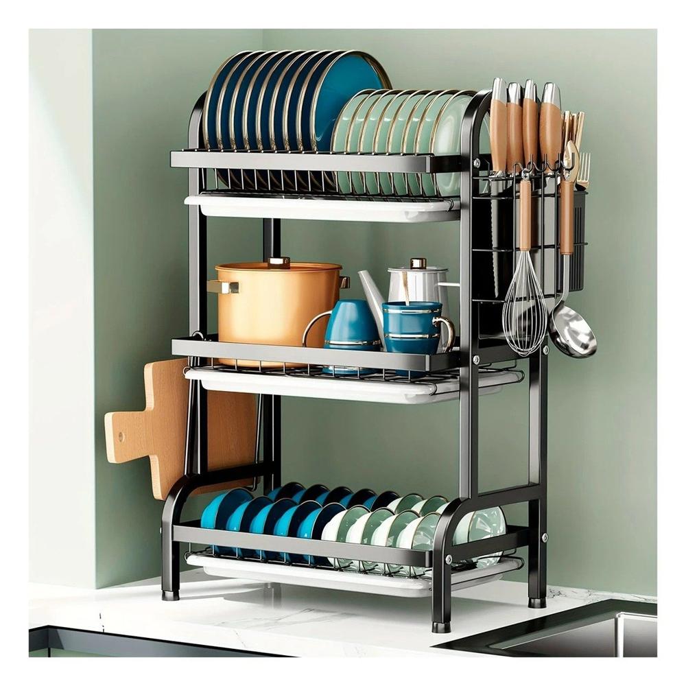 Escurridor de Platos de 3 Niveles con Soporte para Utensilios y Tabla Negro