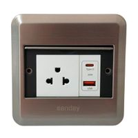 TOMA PARA PISO METALICA UNIVERSAL Y USB TIPO A Y C PLACA PLATA Y MODULOS BLANCOS SANDAY