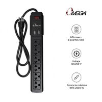 Supresor de Picos Omega 491144BK 6 Tomas 2 USB Protector Sobretensión Negro