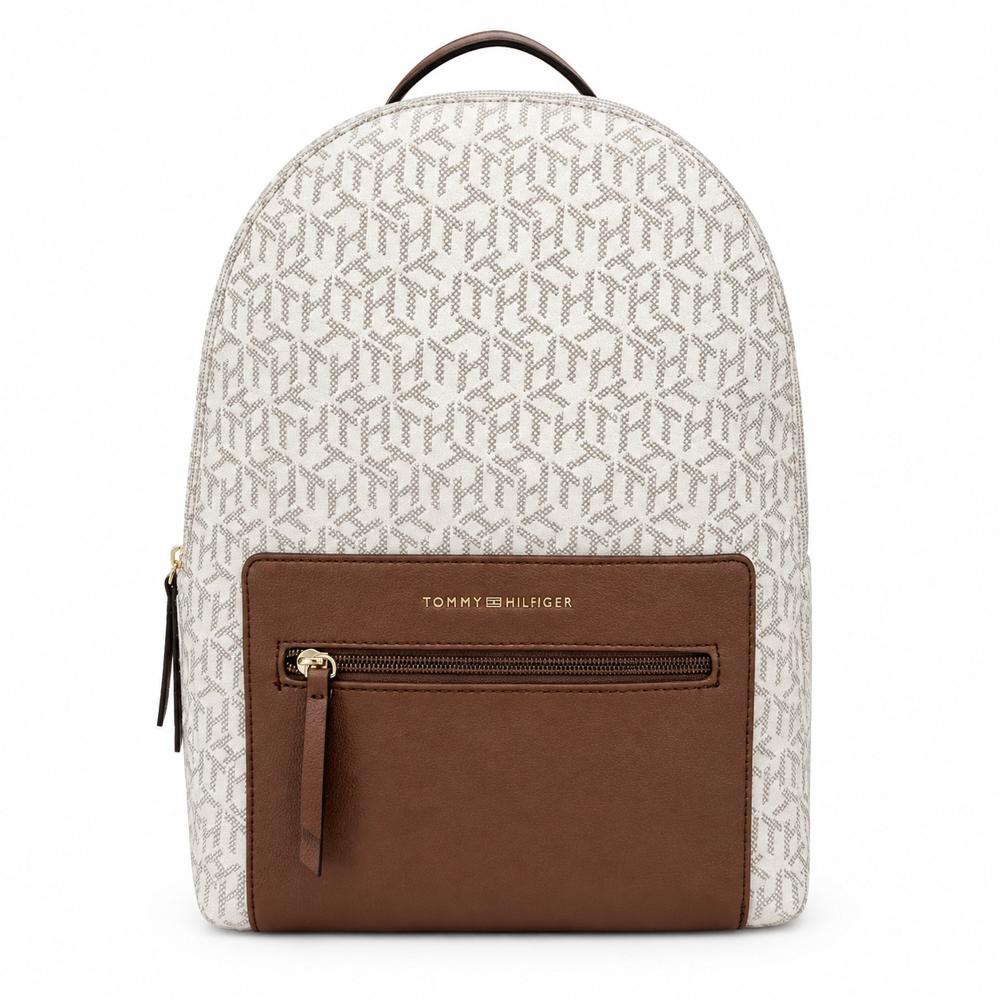 MOCHILA TOMMY HILFIGER BEIGE MONOGRAFIADA CON BOLSILLO EXTERIOR MARRÓN