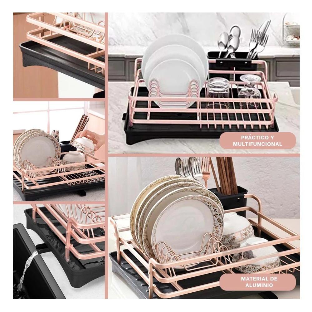 Escurridor de Platos Oro Rosa con Organizacion y Sistema de Drenaje Y Ligas Regalo