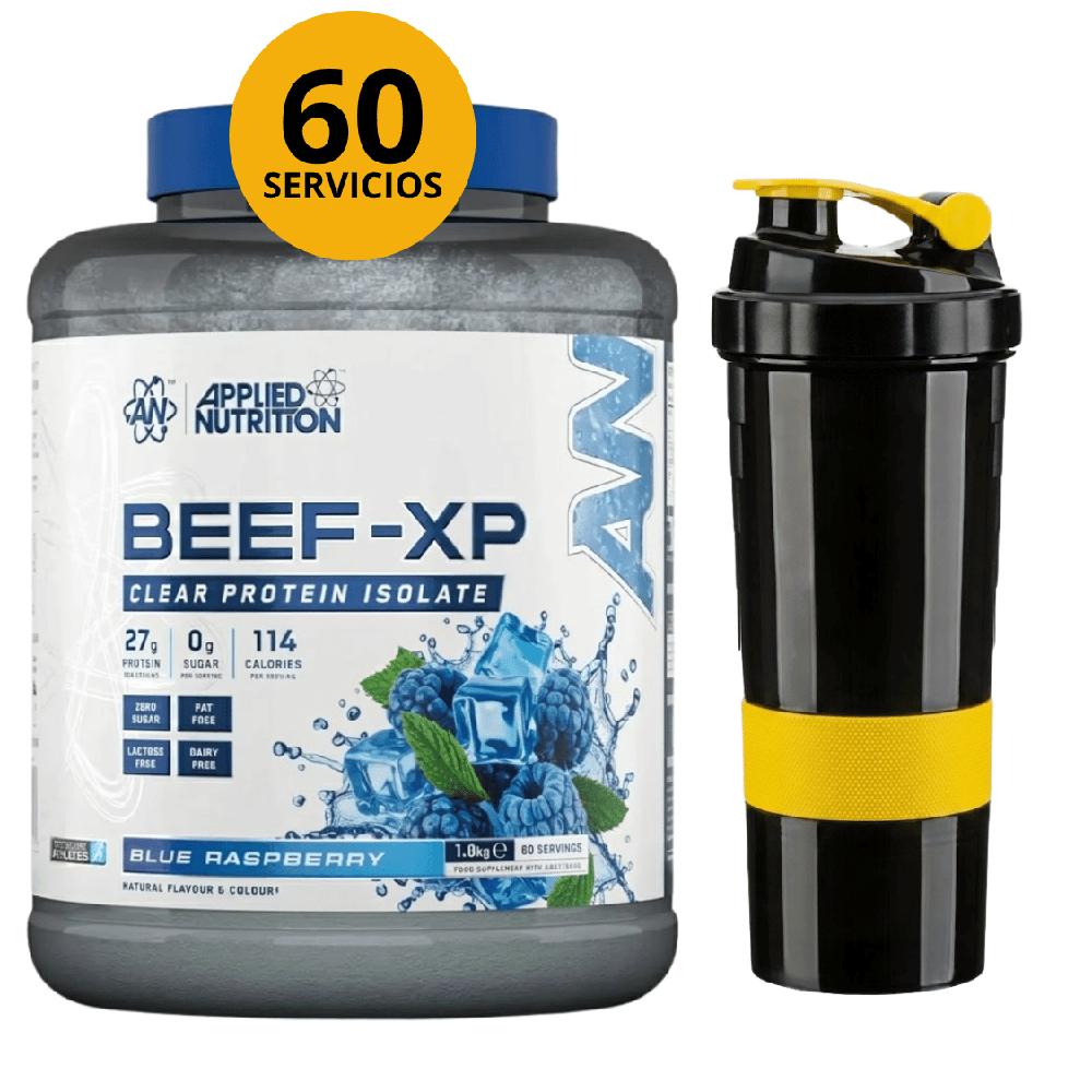 BEEF-XP 1.8KG BEEF PROTEIN SABOR MORA AZUL CON SHAKER DE 3 CUERPOS