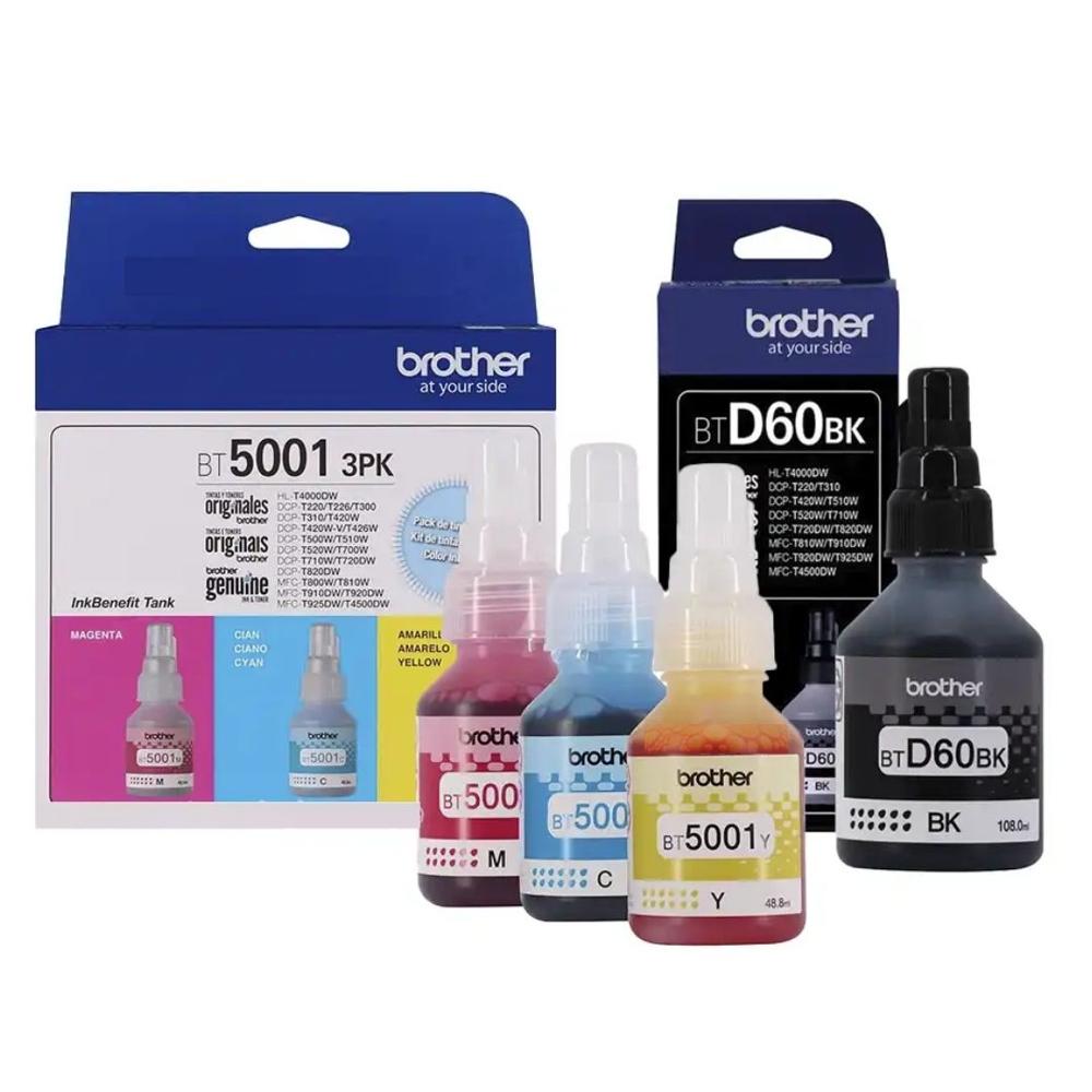 Kit Tintas Brother Originales (Negro + Color) BTD-60BK + BT5001-3PK para DCP-T310 y más