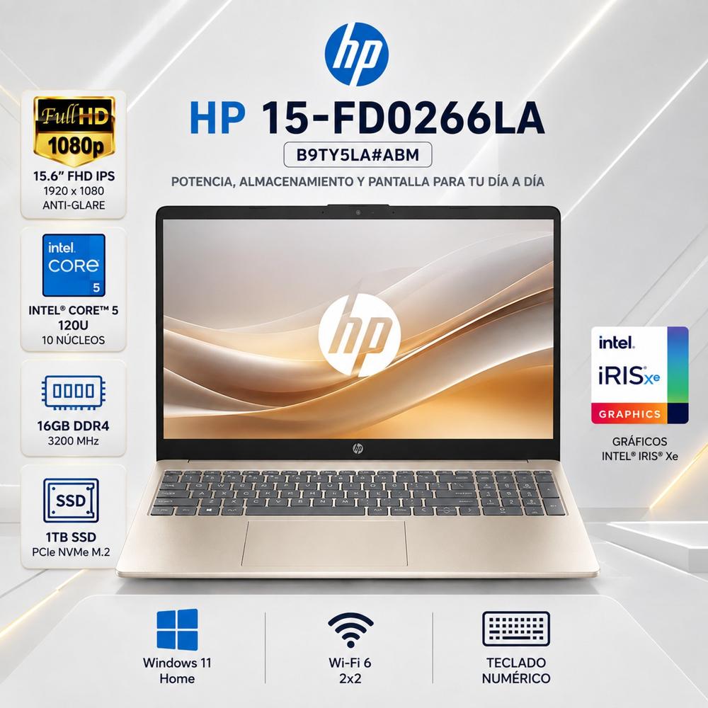 Laptop HP 15.6 FHD Core 5 120U 16GB DDR4 1TB SSD Iris Xe Windows 11 Home 15-FD0266LA