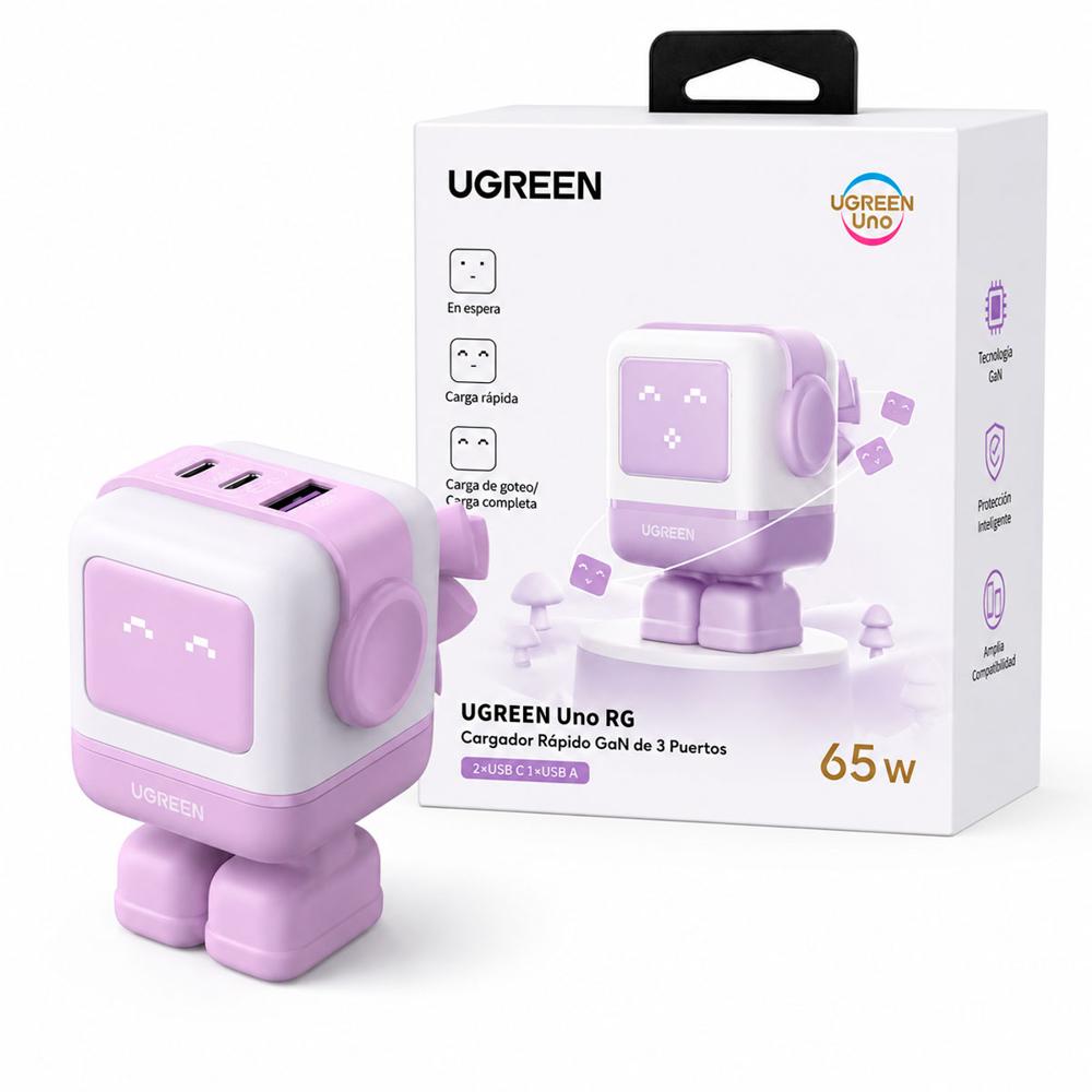 UGREEN CD361 Cargador GaN 65W Robot Lila 3 Puertos USB-C