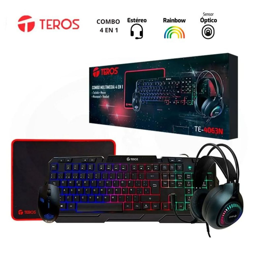 KIT 4 EN 1 TEROS TE-4063N TECLADO + MOUSE + AUDIFONO + PAD MOUSE