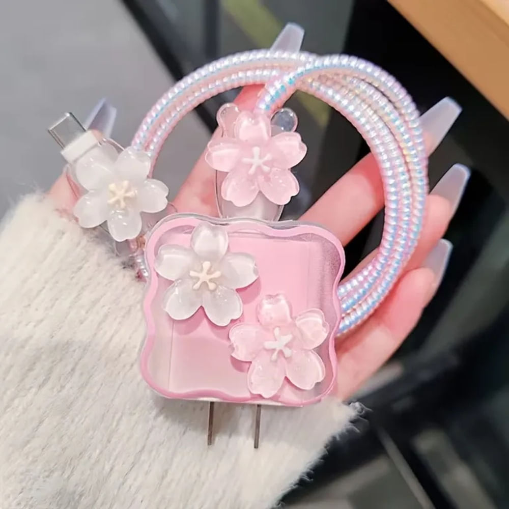 CASE PROTECTOR DE FLORES ROSADO PARA CARGADOR DE IPHONE