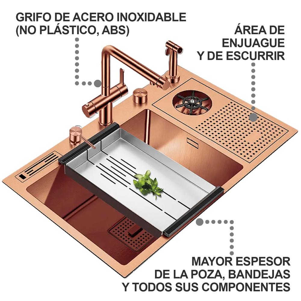 Lavadero Multifuncional De Lujo y Griferia Dual de Acero 304 Rose Gold con Area Enjuague para Vasos