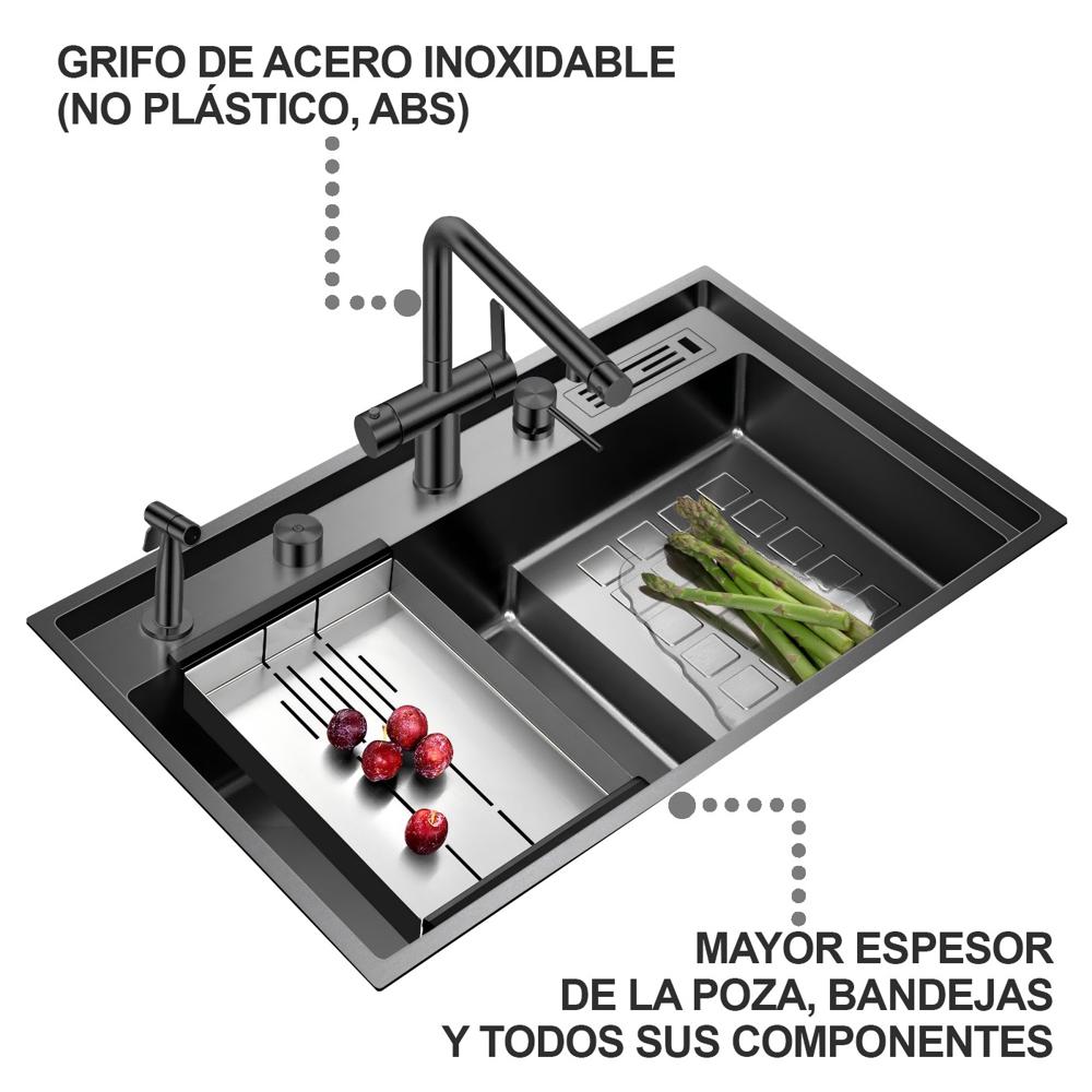 Lavadero Multifuncional De Lujo y Griferia Dual de Acero Inoxidable 304 Negro con Diseño Escalonado