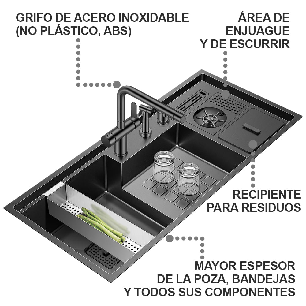 Lavadero Multifuncional De Lujo y Grifería Dual de Acero Inox 304 Negro con Recipiente para Residuos