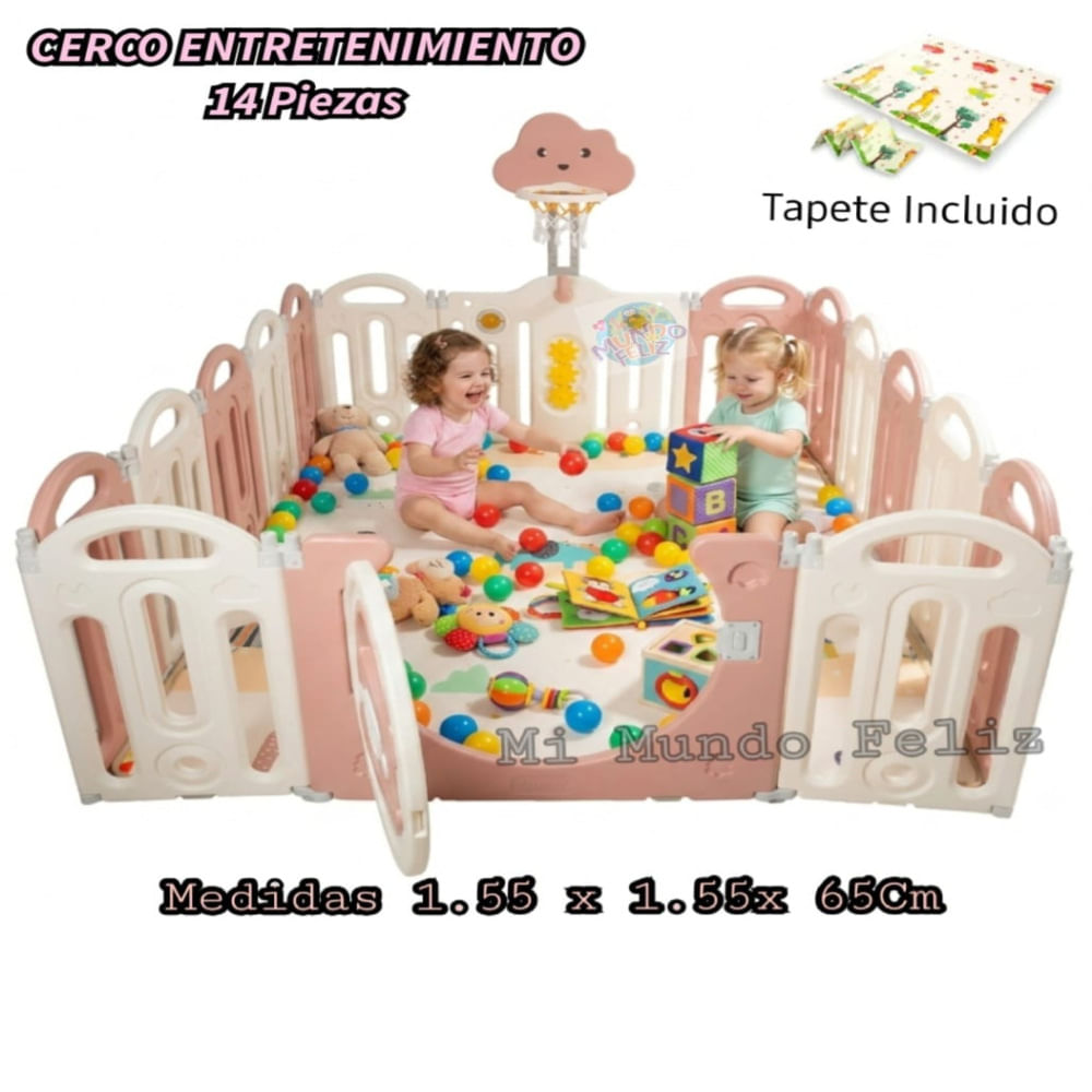 Corral Cerco Para Niños Con Alfombra y Basket Auto Rosa