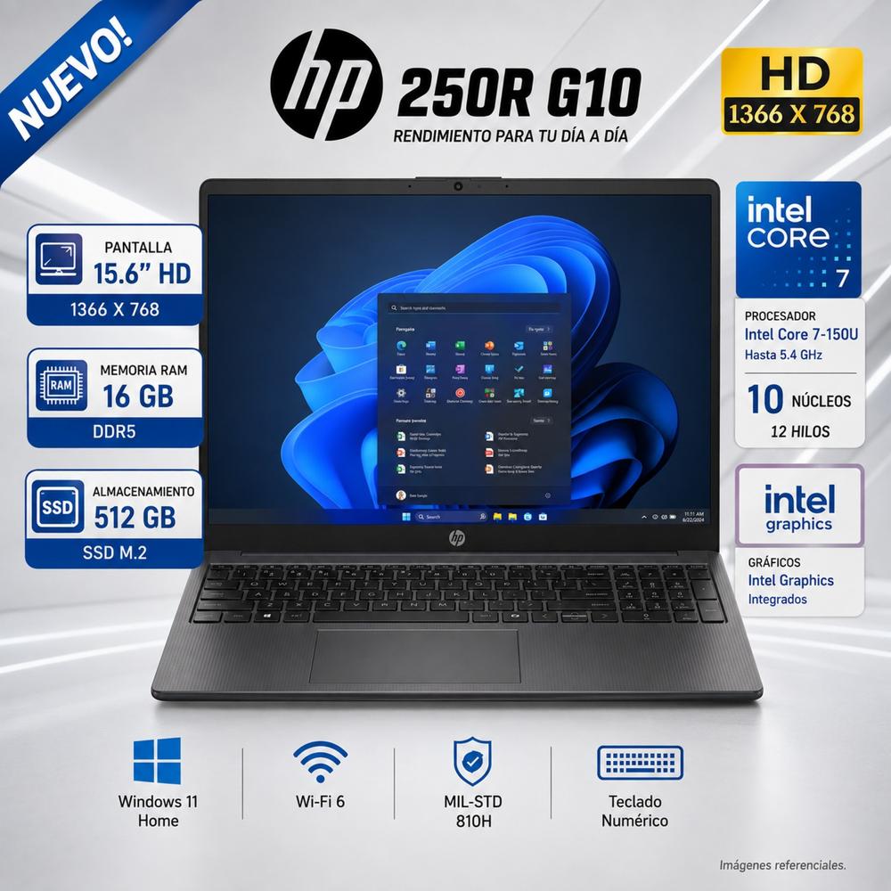 Laptop HP 250R Core 7 150U 16GB DDR5 512GB SSD 15.6  HD Windows 11 Home D2DX8AT