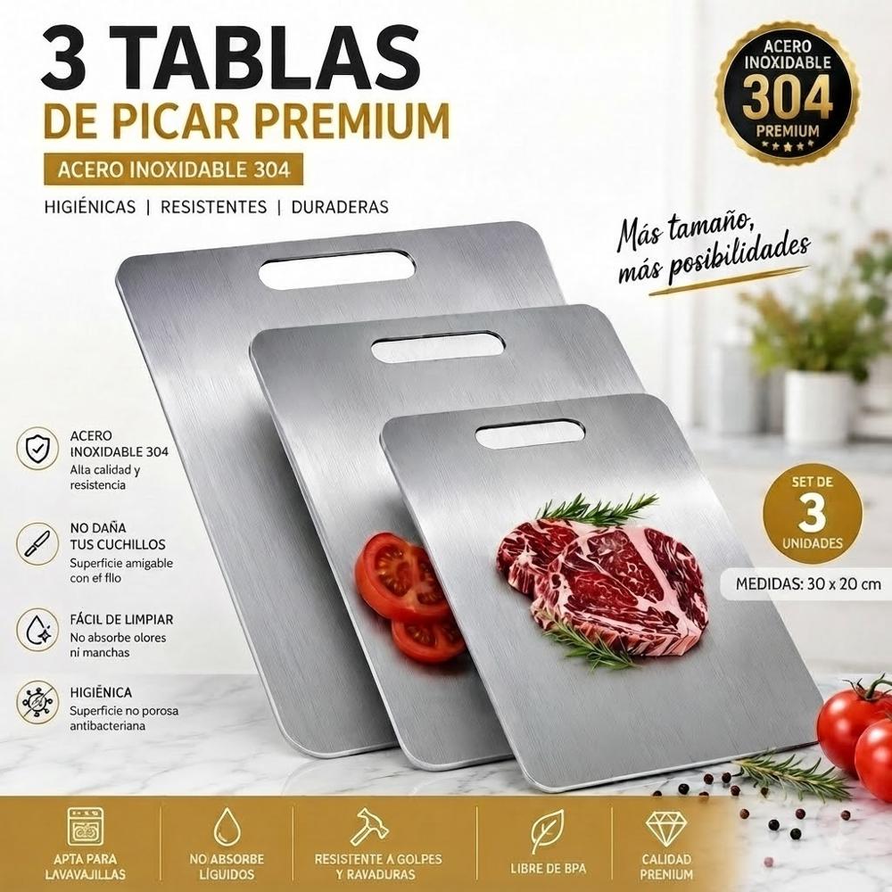 3 TABLA DE PICAR DE ACERO INOXIDABLE 30X20 CM DISEÑO PREMIUM