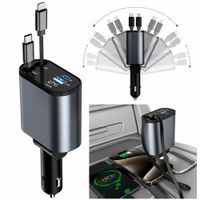 Adaptador de Carga Rápida para Auto 4 en 1 con Cables Retráctiles USB C y Lightning Pantalla Digital