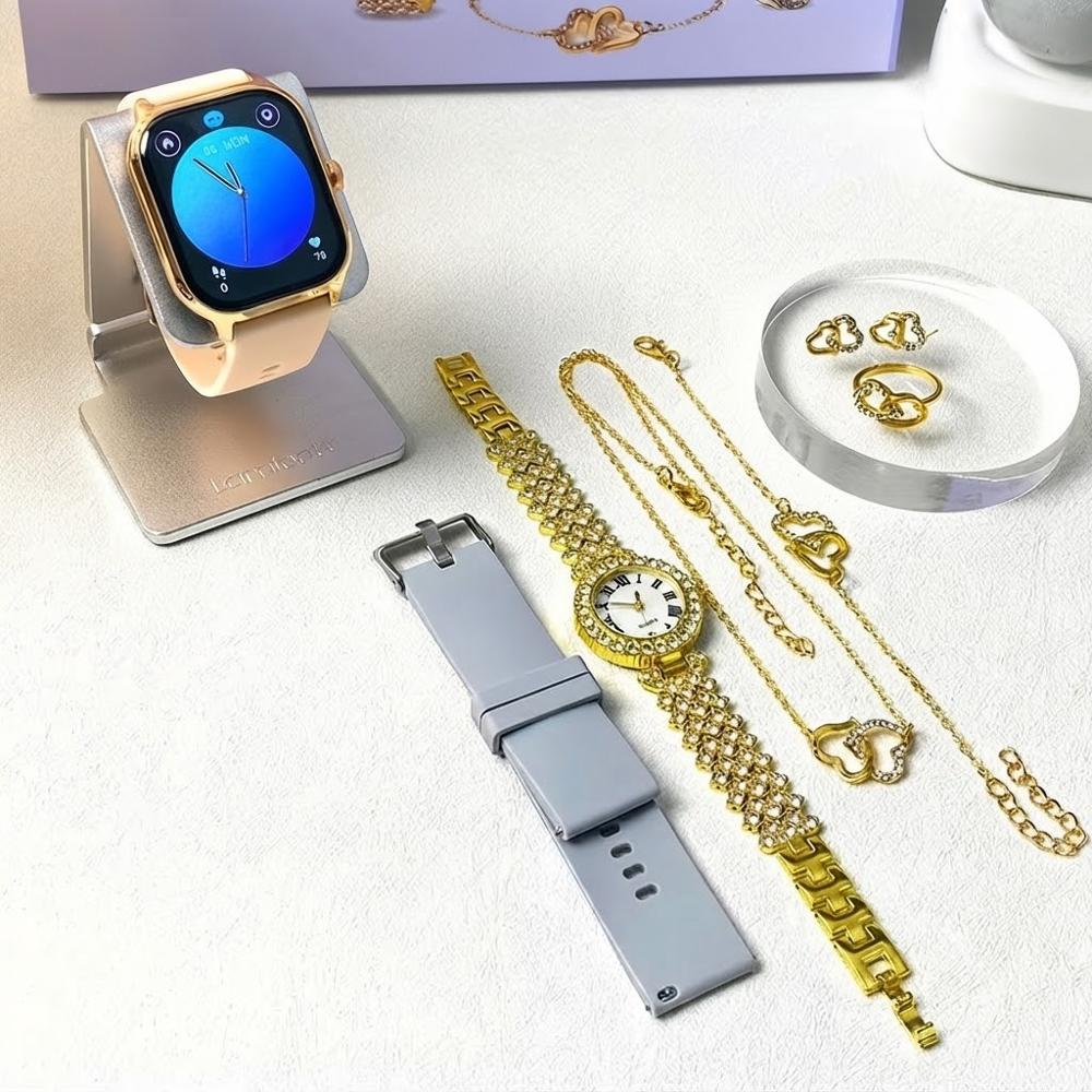 Reloj Inteligente Smartwatch D15 GS Correas Intercambiables Rosado-Gris y Accesorios Dorados