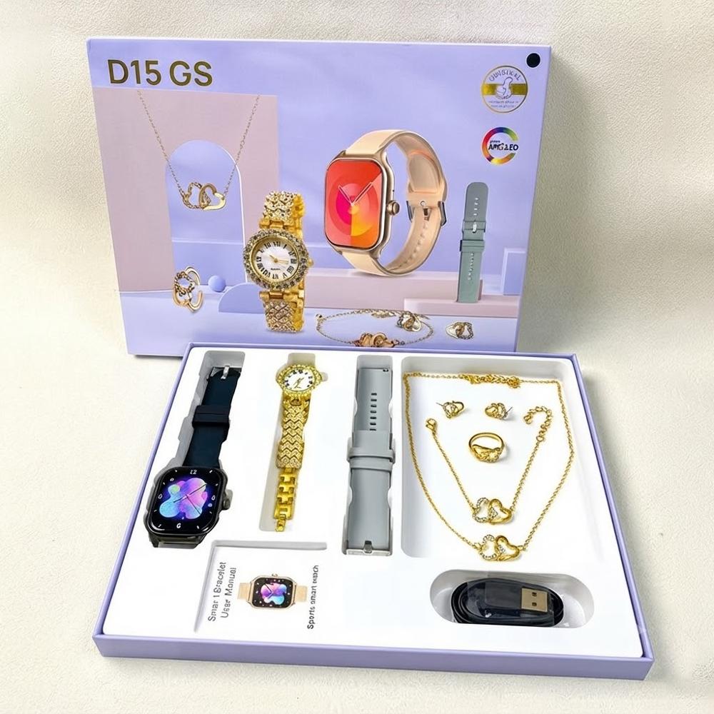 Reloj Inteligente Smartwatch D15 GS Correas Intercambiables Gris-Negro y Accesorios Dorados