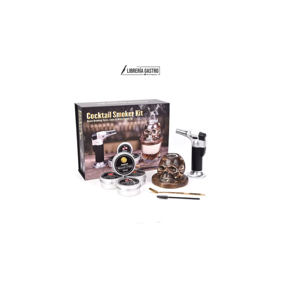Kit Ahumador SKULL Arcilla de whisky bourbon con 4 chips de madera y soplete.