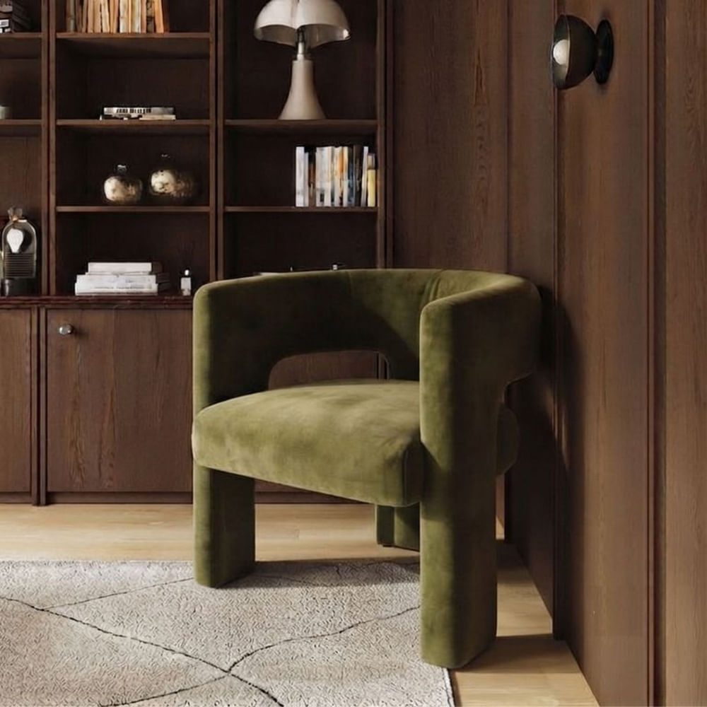 Butaca Blend de forma orgánica, tapizada en tela peruana color verde oliva  Refer Store