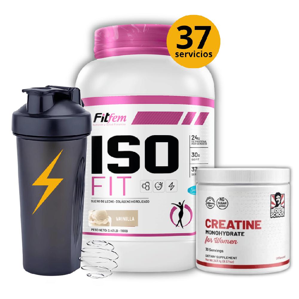 Proteína Iso Fit 1.1KG Fit Fem Vainilla Creatina para mujer 240GR Old school y shaker gratis