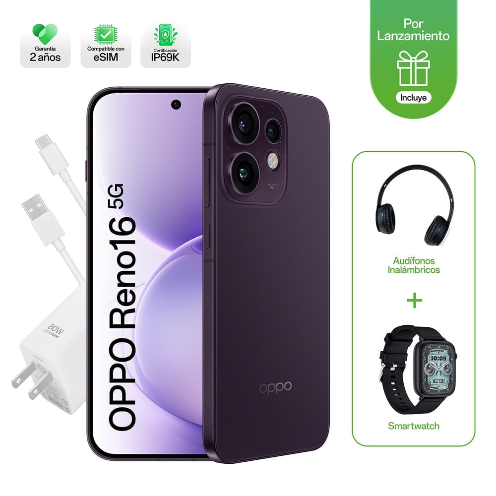 Celular Oppo Reno16 5G 8 + 256GB Violeta + Smartwatch + Audífonos