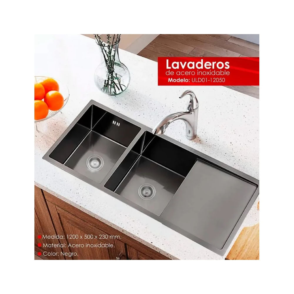 LAVADERO DE COCINA 2 POZAS CON ESCURRIDERO NEGRO ULD01-12050