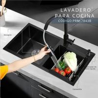 Lavadero Doble Poza Premium Negro Acero Cepillado con Desagüe Integrado