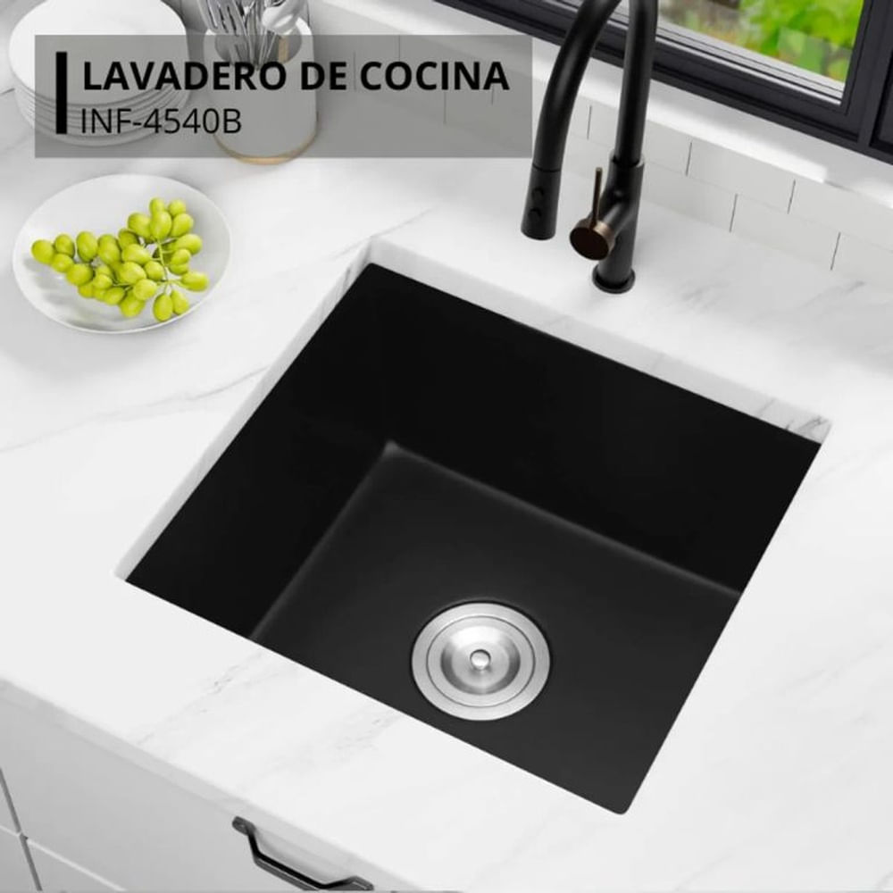 Lavadero Compacto Premium Negro Acero Inoxidable con Canastilla y Dispensador