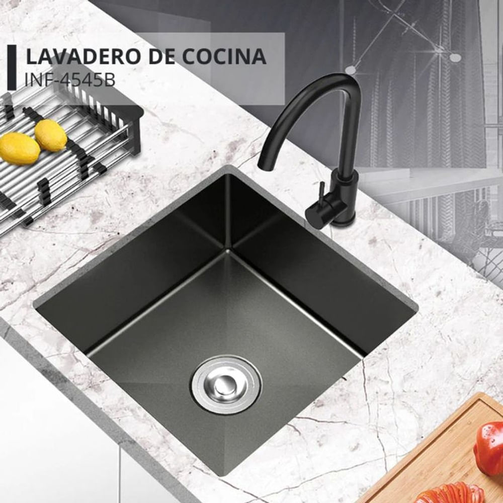 Lavadero Compacto Negro Acero Inoxidable de Alta Resistencia con Canastilla