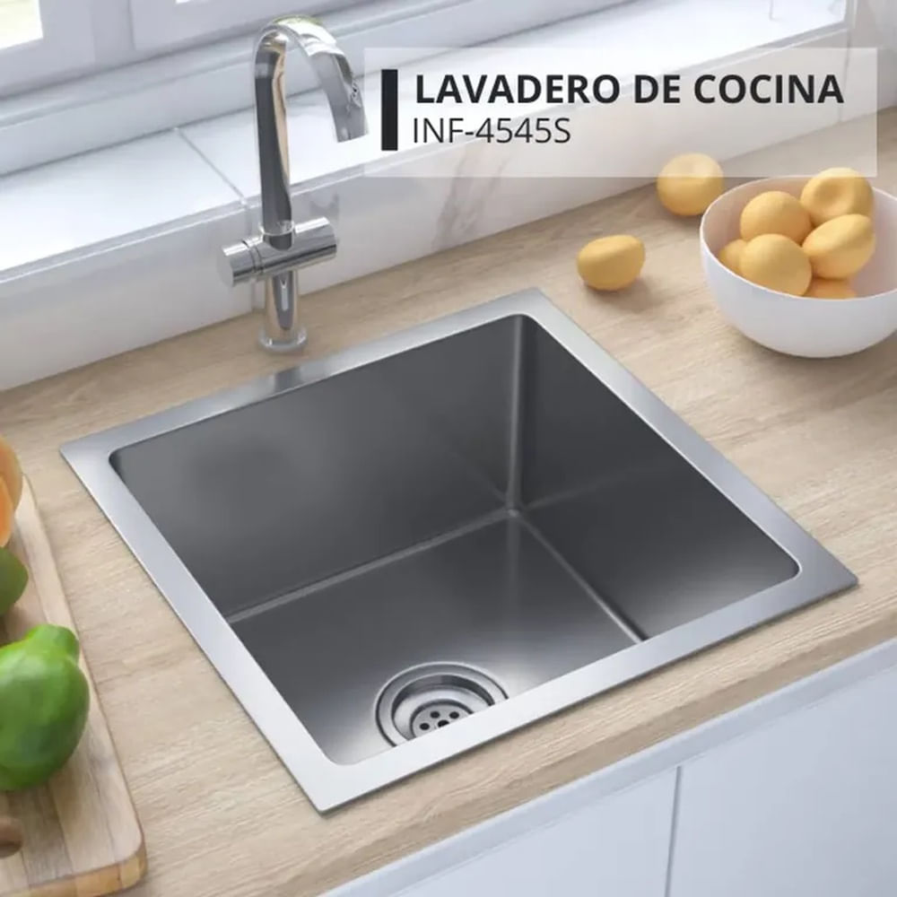 Lavadero Cuadrado Satinado Acero Inoxidable con Canastilla Premium
