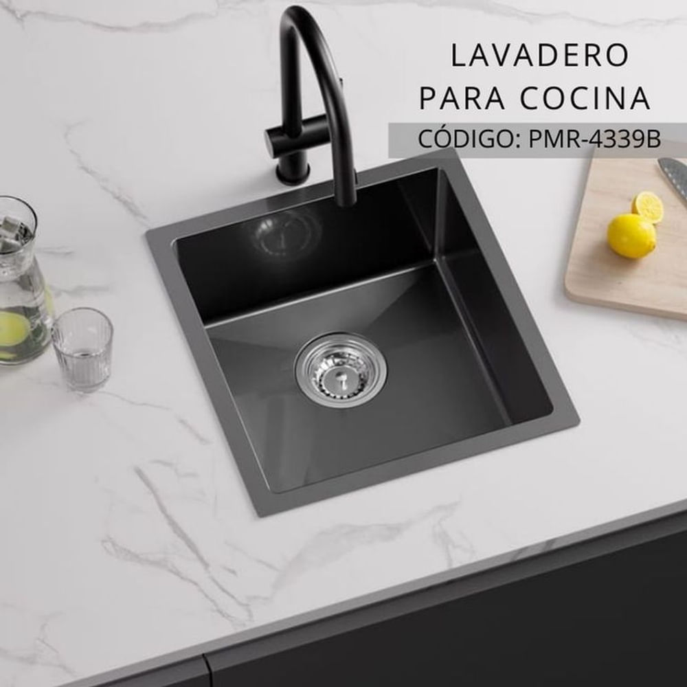 Lavadero Premium Negro Compacto Acero Inoxidable con Canastilla