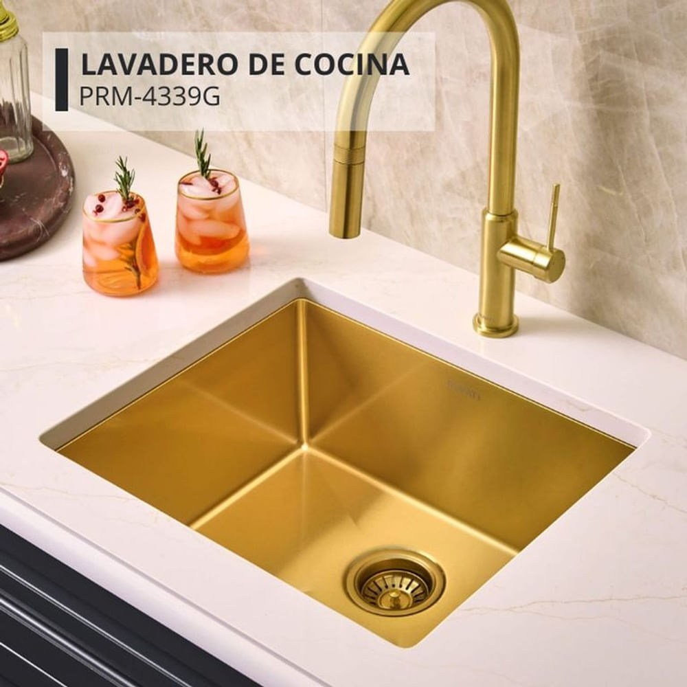 Lavadero Cuadrado Dorado Premium Acero Inoxidable con Canastilla