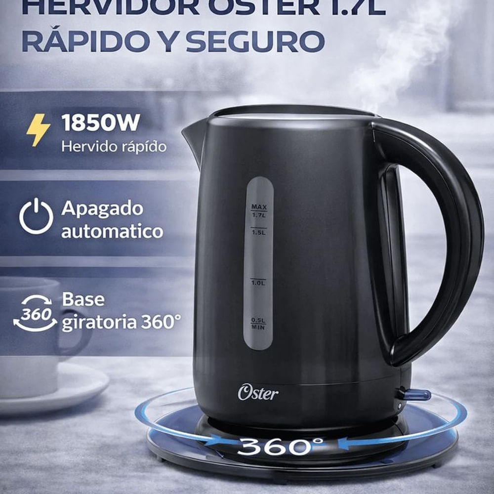Hervidor Eléctrico Oster 1.7L BVSTKT3101 Negro Base 360° Apagado Automático 1850W