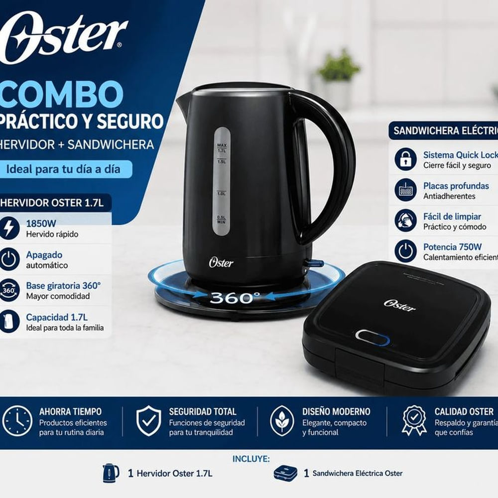 Combo Oster Hervidor Eléctrico 1.7L + Sandwichera Eléctrica Antiadherente